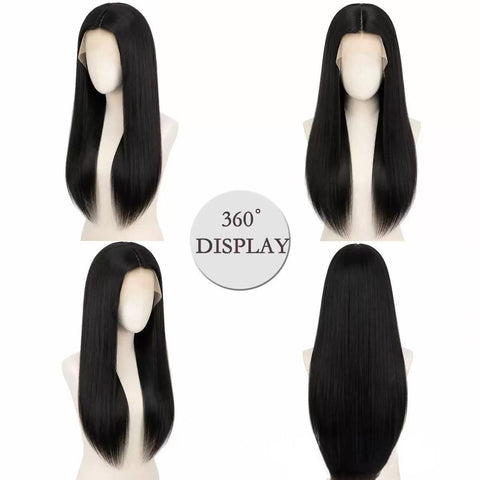 European and American high-temperature resistant, moldable, small-capacity front lace, center-parted long straight hair, soft and smooth daily realistic women's wig