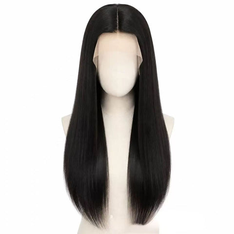 European and American high-temperature resistant, moldable, small-capacity front lace, center-parted long straight hair, soft and smooth daily realistic women's wig