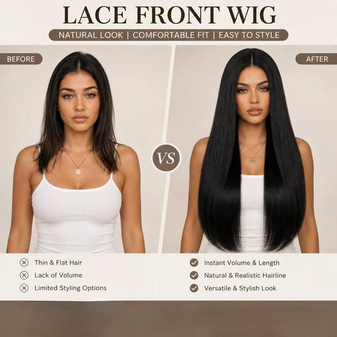 European and American high-temperature resistant, moldable, small-capacity front lace, center-parted long straight hair, soft and smooth daily realistic women's wig