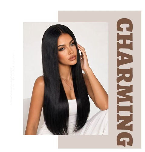 European and American high-temperature resistant, moldable, small-capacity front lace, center-parted long straight hair, soft and smooth daily realistic women's wig