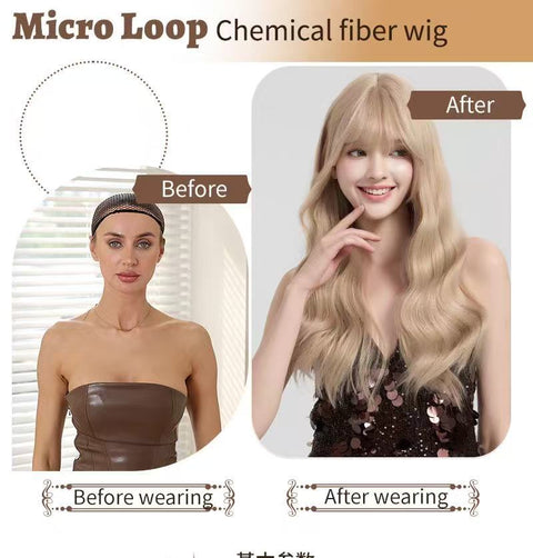 Long wavy hair with air-like bangs, suitable for styling to make the face look younger. A full head of light golden wig is provided.