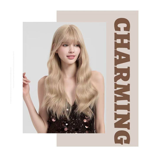 Long wavy hair with air-like bangs, suitable for styling to make the face look younger. A full head of light golden wig is provided.