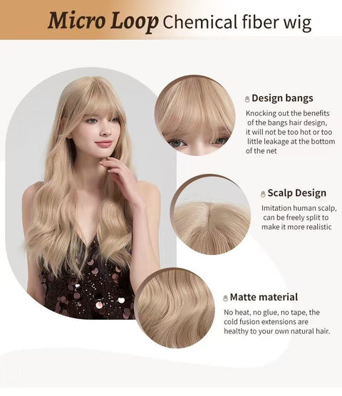 Long wavy hair with air-like bangs, suitable for styling to make the face look younger. A full head of light golden wig is provided.