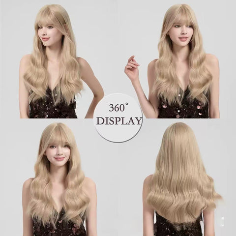 Long wavy hair with air-like bangs, suitable for styling to make the face look younger. A full head of light golden wig is provided.
