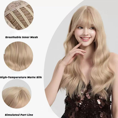 Long wavy hair with air-like bangs, suitable for styling to make the face look younger. A full head of light golden wig is provided.