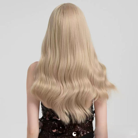 Long wavy hair with air-like bangs, suitable for styling to make the face look younger. A full head of light golden wig is provided.