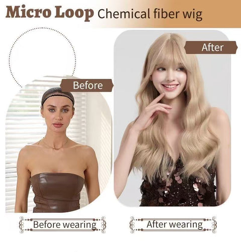 Long wavy hair with air-like bangs, suitable for styling to make the face look younger. A full head of light golden wig is provided.
