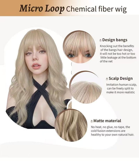 Wind Platinum Golden Long Curly Hair Heat-resistant High-temperature Threaded Side Parting Full Head Cover Daily Women's Golden Wig