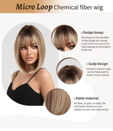 Modular high-temperature hairpiece with straight bangs for women. Full headpiece with gradient color and bohemian-style short bob hairstyle. Fake hair.