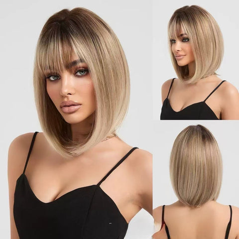 Modular high-temperature hairpiece with straight bangs for women. Full headpiece with gradient color and bohemian-style short bob hairstyle. Fake hair.