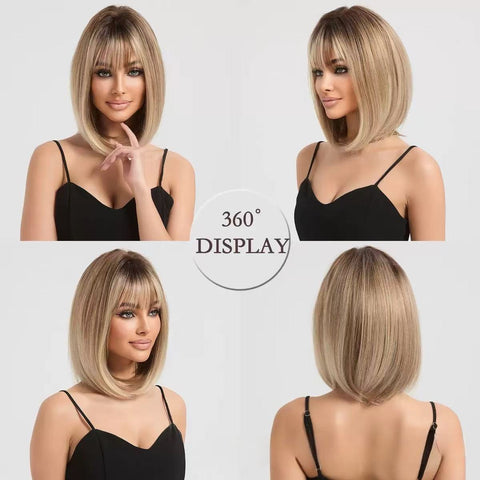 Modular high-temperature hairpiece with straight bangs for women. Full headpiece with gradient color and bohemian-style short bob hairstyle. Fake hair.