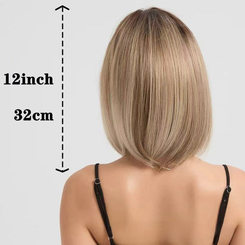 Modular high-temperature hairpiece with straight bangs for women. Full headpiece with gradient color and bohemian-style short bob hairstyle. Fake hair.