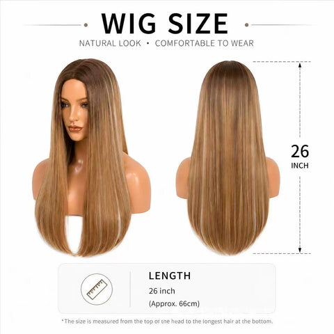 Gradually changing brown long straight hair, naturally smooth and easy to style. Women's high-gloss highlighted dyed wig.