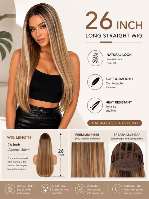 Gradually changing brown long straight hair, naturally smooth and easy to style. Women's high-gloss highlighted dyed wig.