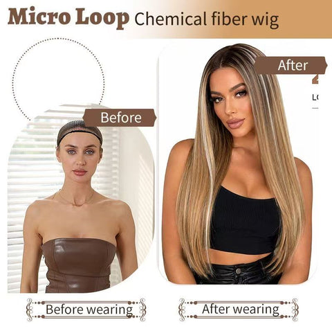 Gradually changing brown long straight hair, naturally smooth and easy to style. Women's high-gloss highlighted dyed wig.