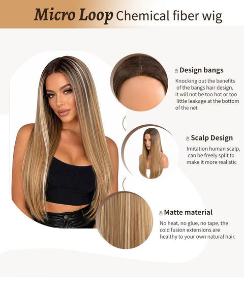 Gradually changing brown long straight hair, naturally smooth and easy to style. Women's high-gloss highlighted dyed wig.