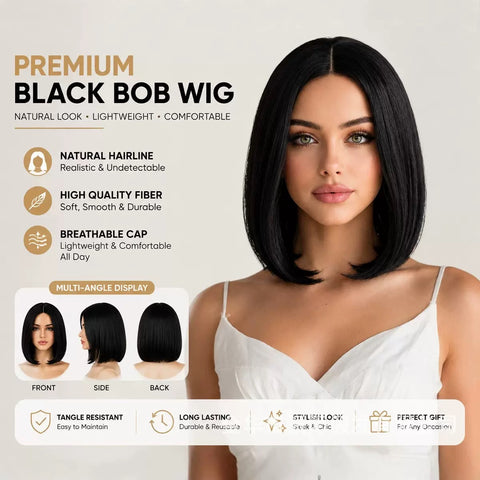 Lady's black bob hairstyle with straight hair, 14-inch short hair, center part, high temperature threaded net, customizable cross-border wig