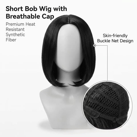 Lady's black bob hairstyle with straight hair, 14-inch short hair, center part, high temperature threaded net, customizable cross-border wig
