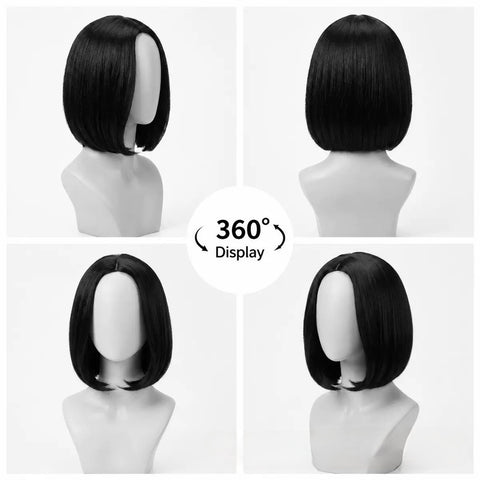 Lady's black bob hairstyle with straight hair, 14-inch short hair, center part, high temperature threaded net, customizable cross-border wig